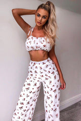 White Floral Crop Top Wide Trouser Co-ord - Tully