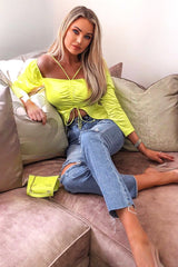 Lime Satin Ruched Tie Detail Top - Malika