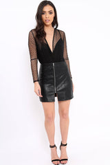 Black Dobby Mesh Wrap Front Bodysuit - Rachael