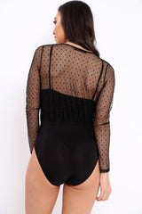 Black Dobby Mesh Wrap Front Bodysuit - Rachael