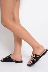 Black Tripe Buckle Western Sliders - Raeven