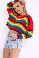 Rainbow Long Sleeve Cropped Knitted Jumper - Miley