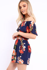 Blue Floral Bardot Playsuit with Frill Detail - Raine