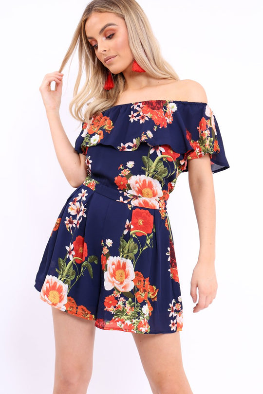 Blue Floral Bardot Playsuit with Frill Detail - Raine