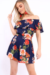 Blue Floral Bardot Playsuit with Frill Detail - Raine
