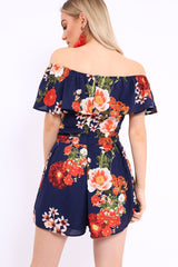 Blue Floral Bardot Playsuit with Frill Detail - Raine