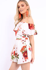 White Floral Bardot Playsuit with Frill Detail - Raine