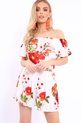 White Floral Bardot Playsuit with Frill Detail - Raine