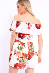 White Floral Bardot Playsuit with Frill Detail - Raine