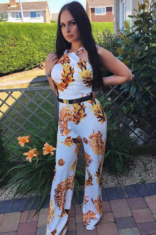 White Leaf Print Twist Front Belted Jumpsuit - Rainn