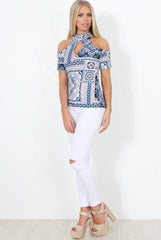 Blue Paisley Cold Shoulder Top - Franca