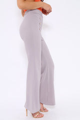 Grey High Waist Button Front Flare Trousers - Raye