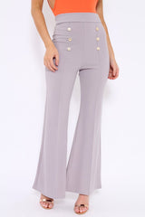 Grey High Waist Button Front Flare Trousers - Raye