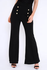 Black High Waist Button Front Flare Trousers - Raye