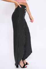 Black Striped High Waist Split Front Flare Trousers - Reana