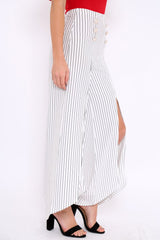 White Striped High Waist Split Front Flare Trousers - Reana
