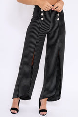 Black Striped High Waist Split Front Flare Trousers - Reana