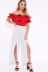 White Striped High Waist Split Front Flare Trousers - Reana