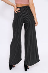 Black Striped High Waist Split Front Flare Trousers - Reana