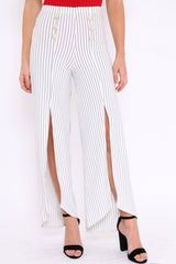 White Striped High Waist Split Front Flare Trousers - Reana
