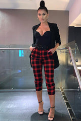 Red Check Belted Tapered Trousers - Reanne