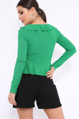Green Plunge Frill Wrap Tie Front Top - Rebecca