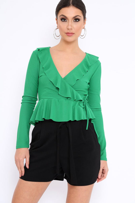 Green Plunge Frill Wrap Tie Front Top - Rebecca