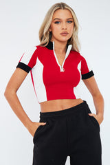 Red Contrast Knit Zip Up Crop Top - Brean