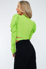 Lime Rib Puff Sleeves Cut Out Hem Crop Top - Marley