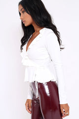 White Plunge Frill Wrap Tie Front Top - Rebecca
