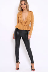 Camel Plunge Frill Wrap Tie Front Top - Rebecca