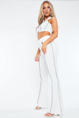 White Rib Contrast Seam Crop Top & Flare Trouser Set - Beena