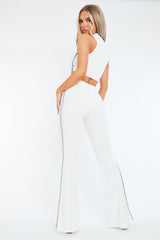 White Rib Contrast Seam Crop Top & Flare Trouser Set - Beena