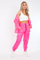Neon Pink Cuffed Hem Shell Cargo Joggers - Iris