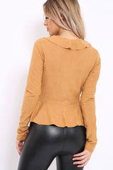 Camel Plunge Frill Wrap Tie Front Top - Rebecca