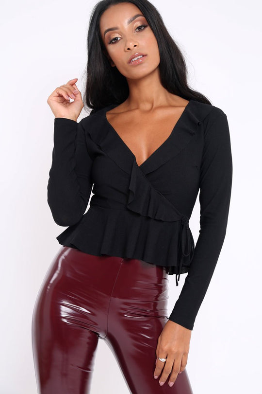 Black Plunge Frill Wrap Tie Front Top - Rebecca