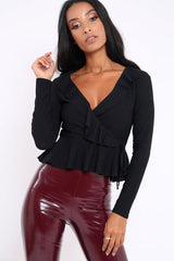Black Plunge Frill Wrap Tie Front Top - Rebecca