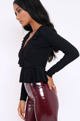 Black Plunge Frill Wrap Tie Front Top - Rebecca