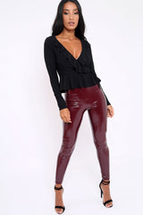 Black Plunge Frill Wrap Tie Front Top - Rebecca