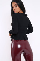 Black Plunge Frill Wrap Tie Front Top - Rebecca