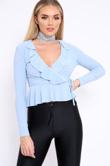 Powder Blue Plunge Frill Wrap Tie Front Top - Rebecca