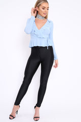 Powder Blue Plunge Frill Wrap Tie Front Top - Rebecca