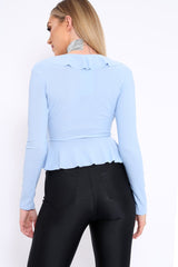 Powder Blue Plunge Frill Wrap Tie Front Top - Rebecca