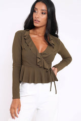 Khaki Plunge Frill Wrap Tie Front Top - Rebecca