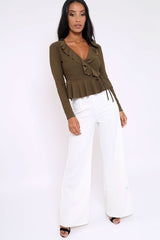 Khaki Plunge Frill Wrap Tie Front Top - Rebecca