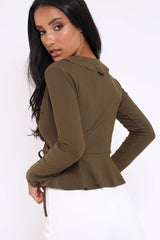 Khaki Plunge Frill Wrap Tie Front Top - Rebecca