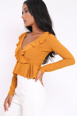 Mustard Plunge Frill Wrap Tie Front Top - Rebecca