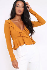 Mustard Plunge Frill Wrap Tie Front Top - Rebecca