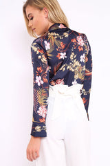 Navy Floral Plunge Satin Bodysuit - Rebeka