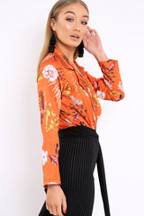 Rust Floral Plunge Satin Bodysuit - Rebeka